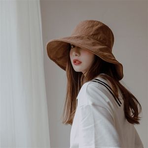 Bucket Hat Women Outdoor Summer Sun Hats Foldable Wide Brim Large Black Beige Khaki Coffee Fashion 220318