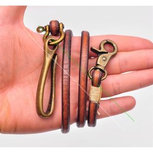 30" Retro Brown Handmade Long Punk Biker Motocycle Trucker 7*5mm Thick Plain Leather Keychain Jean Wallet Chain With Brass Hook 220516