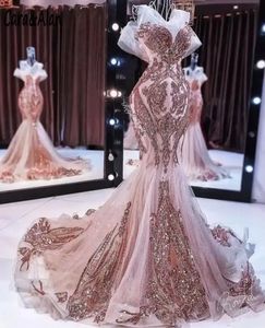 Un pezzo 2022 Nuovi abiti da sera a sirena in oro rosa lunghi appliqué di paillettes scintillanti con perline abito da ballo a coda di pesce robe de soiree