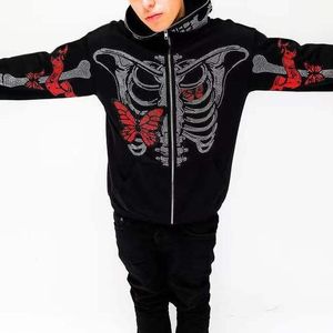 Zip Hoodie rhinestones İskelet goth Kazak Spor Ceket Kazak Gotik Uzun Kollu Büyük Boy hoodie Y2k ceket kadın hoodies