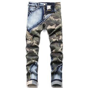 2 Stili Uomo Stretch Camouflage Cuciture Colore abbinato Jeans slim Pantaloni cargo multitasche Moda Tasche laterali casual Pantaloni
