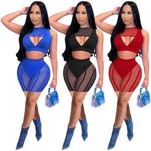 Summer Splice Mesh See Through Tracksuits for Womens Sleeveless Hollow Out Crop Tops och Slim Shorts Casual 2 Piece Set SZ8091