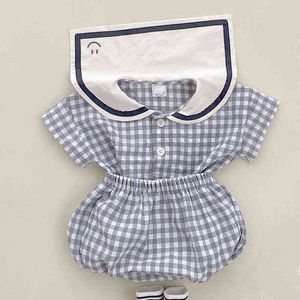 Summer baby clothes new girls simple plaid short-sleeved T-shirt suit children's baby doll collar top shorts college style suit G220521