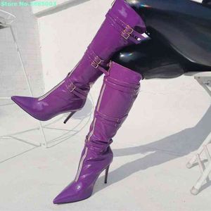Patent Leather Belt Buckle Boots Pointed Toe Knee High Stiletto Heels Zipper Newest Spring Autume Party Dress Boots Shoes 220514