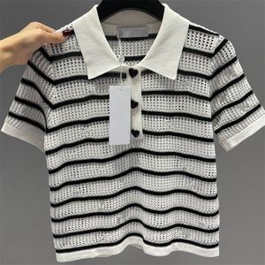 Women's Knits & Tees Embroidery Thin Stripe Hollow Out Polo Shirt Collar Short Sleeve Show Thin Knit