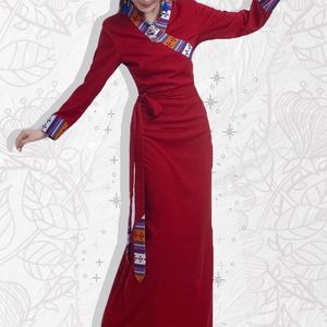 Ethnische Kleidung Burgunder Frauen Tibetisches Kleid Chinesisches Slim Bühnenschuh Kreuzkragen Robe Kleid Langarm Leistung Vestidos