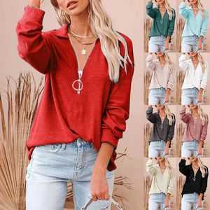 Women's T Shirts Women's Clothing Casual Solid Color Loose Zip V-neck Long Sleeve Large Size Pit Striped T-shirt Ladies TopsWomen's