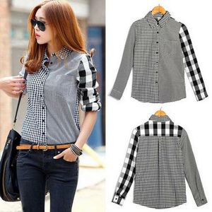 Kvinnors t-shirt Kvinnor Lady Office Ladies Summer Plaid Shirt Långärmad lapptäcke-knapp mode LAPEL Slim Fit Casual Topswomen's