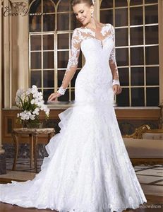 Elegant Sheer Neck Lace Mermaid Wedding Dresses Illusion Long Sleeves Applices Fish Tail Plus Size Custom Made Bridal Clowns BA9779