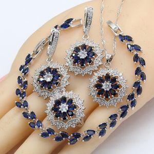 925 Silver Jewelry Sets Women Dark Blue Sapphire Necklace Pendant Bracelets Earrings Rings Birthday Gift