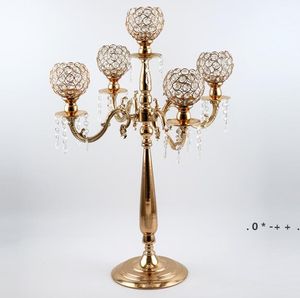 Party Decoration 12 SZTUK European Eleganckie Wysokie 5 Arms Wedding Gold Crystal Candelabra do Centralnego SEA GCB14650