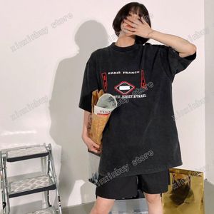 22SS Women Designers T Shirts Tee Paris förstörde Paint Embroidery Letter Bomull Kort ärm Crew Neck Neck Streetwear Xinxinbuy Black XS-L