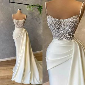2022 Luxury Pearls Spaghetti Long Party Dress Evening Dress Beading Sequins Ruched Prom Gowns Satin Sweep Train Mermaid Dresses BC12041