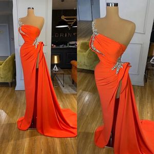 Orange Evening Dress Long Formal 2022 One Shoulder Beaded with High Slit Arabic Dubai Women Prom Dresses Evening Gowns C0316