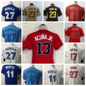 Juventude 27 Vladimir Guerrero Jr. Camisa de beisebol branca azul 11 Bo Bichette 27 Mike Trout 17 Shohei Ohtani Aaron Juiz vermelho 23 Fernando Tatis Jr Ronald acuna Kids Jerseys