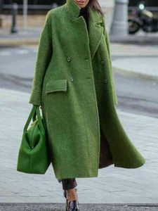 Autumn Winter Long Woolen Coat 2021 Ladies New Solid Color Temperament Pendlar Bältlöst Lapel Löst passande grön ullrock T220714