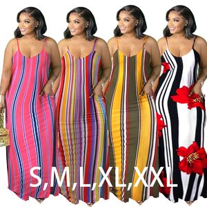 Rainbow Print Cami Maxi Dress Women Summer Clothes Woman Casual Elegant Long Stripes Floral Tryckt Vestdos med fickor