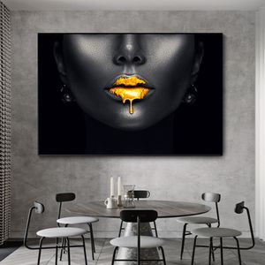 African Black Woman with Gold Lips Canvas Paintings on The Wall Art Posters and Prints Cover Face Pictures for Home Room Decor