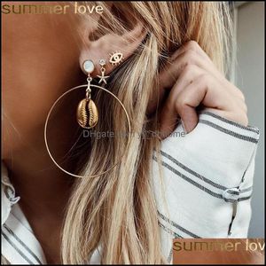 Hoop Hie Kolczyki Biżuteria 3 pary/Zestaw Big Circle Shell Eye for Woemen and Girls Female Starfish Rhinestone Stude Earring Prezenty Modna kropla