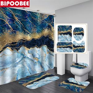 Blue Gold Marble Mosaic with Golden Veins Bathroom Shower Curtains Toilet Lid Cover Mats Non Slip Carpet Bath Rugs Home Decor