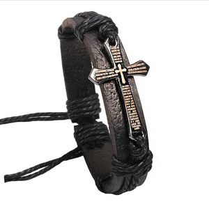 Кожаный перекрестный библейский шарм плетенные браслеты городские ювелирные украшения черно -коричневая кожа регулируем