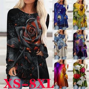 Kadın Çiçekler Baskılı Rahat Yuvarlak Boyun Uzun Kollu Artı Boyutu Pamuk Tunik Gevşek T-shirt Kazak 8XL 220321