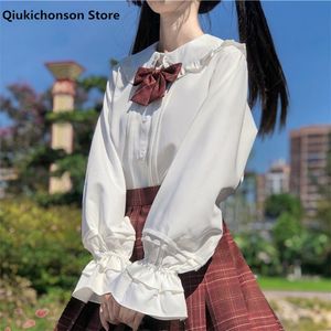 Manga comprida camisa branca adolescente menina primavera outono estilo japonês estilo kawaii babados peter pan colar ita blusa tops 220726