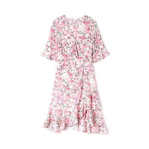 Party Dresses Pink Flower Printing Sweet Silk Summer Lady Dress Women Flare Sleeve Short A-Line Skirt French Fresh Style Lovely Unique