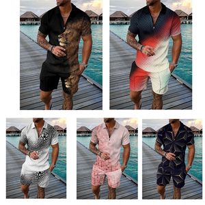 Men s tracksuit casual manga curta zíper pólo shorts conjunto para homens streetwear 2 peças terno de verão 220617