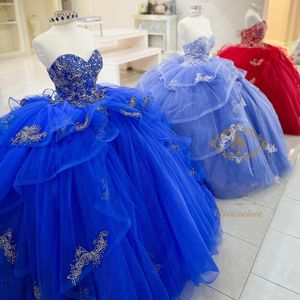 Royal Blue Quinceanera Dress 2023恋人スパークルレースアップリケスパンコールスパンコンビーズフリルチュールふくらんでいる16ガウンベスティドスDE 15 ANOSレースアップコルセットバックライラック