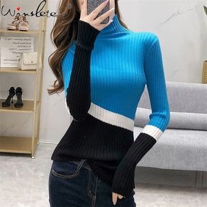 Autumn Winter Sticked Thick Thöja Women Clothing Patchwork Ropa Mujer Slim Pullover Ropa Mujer Color Block Tops M07714 201221