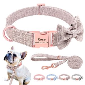 Customized Dog Collar Leash Set High Quality Personalized Pet Collars With Bowtie Adjustable Dogs Collars Leash Free Engraving 220610