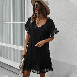 Sexig V Neck Kort Klänning Kvinnor Casual Solid Hairball Black Dresses For Laddies Vår Sommarlov Stil Klänning 2022 220317