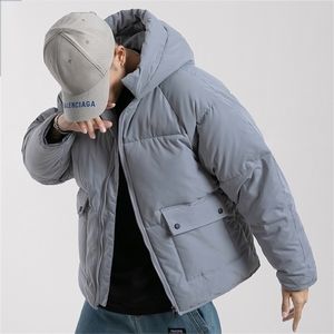 Streetwear Winter Jacket Men Cargo parkas zagęszcza z kapturem Slim-Fit Korean Solid Casual Pleats Fashion Mężczyzna ciepłe bawełniane ubrania 201127