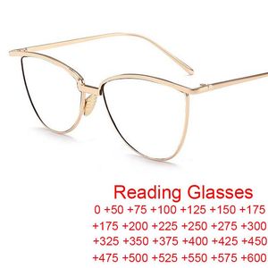 Sunglasses Unique Presbyopia Eyeglasses Magnifying 0- 6.0 Diopter Vintage Brand Design Anti Blue Light Reading Glasses Metal Cat Eye FrameSu