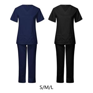 Gym Kleidung Casual Sommer Frau Solide Krankenpflege Scrubs Tops T Shirt Arbeits Uniformen Kurzarm Plus Größe Top Frauen V-ausschnitt Tasche ClothesGy