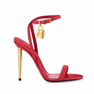 stiletto heel sandals womens shoe Fashion Designer Satin Gold padlock Dress shoes Genuine Leather Narrow Band high Heeled women sandal Free postage