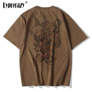 Lyprerazy Китайская винтажная футболка с вышивкой «Король обезьян» Мужская уличная футболка в стиле хип-хоп 4XL Одежда Коричневый хлопок 220629
