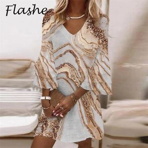 Women Fashion Flare Sleeve Boho Beach Dresses Lady Patchwork V Neck Party Vintage Print Loose A Line 220629