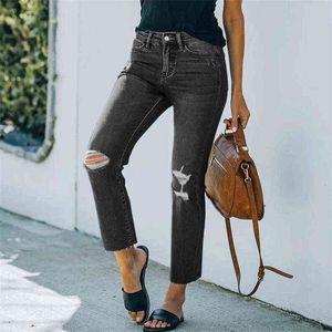 Women High Waist Butt-Lifting Hole High-Stretch Denim Ankle-length Jeans Nine Point Pants L220726