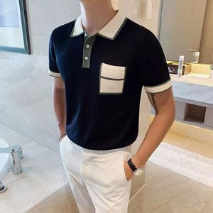 Men's T-Shirts Summer Men's British Style Short Sleeve T-shirt Slim Fit Business Lapel Collar Tshirt Ice Silk Knitted Fashion T ShirtMen