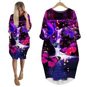 Vacker fjärilsklänning 3D Tryckt långärmad streetwear harajuku kvinnlig hiphopstil Kvinnor Pocket Dress Drop W220616