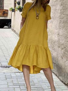 Women Dress Holiday Summer ZANZEA Short Sleeve Sundress Solid Casual Kaftan Ruffles Loose Vestidos Pockets O-Neck Robe Femme Y220526