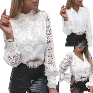 Wholesale womens white ruffle blouse for sale - Group buy Women s Blouses Shirts Elegant Ruffled Lace Splicing White Spring Women Sexy Hollow Out Long Sleeves Office Tops Korean Shirt Blusas