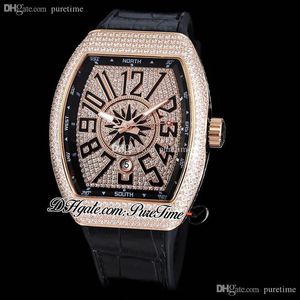 Vanguard Yachting V45 Miyota 8215 Automatic Mens Watch Rose Gold Paved Dimaond Dial Black Big Number Markers Gummy Strap Iced Out Jewelry Watches Puretime E247c3