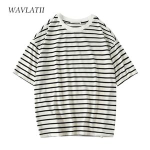 Wavlatii Fashion StripedTシャツ女性Beige Black Strip CottonExtizemishmed Smeeve Tシャツ夏WT2269 220615