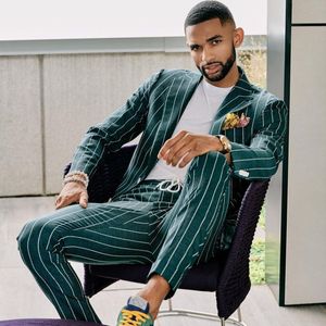 Stylish Men's Suits 2022 Modern Blazer Suit Two Pieces Wedding Tuxedos Green Pinstripe Man Casual Outfit Business Suit