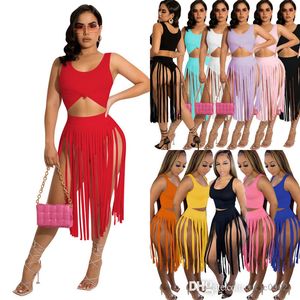 Summer Women Two Piece Dress Set 2022 Fashion Tracksuits Solid Color Sexy Vest Tassel Kort kjoldräkt Designers kläder