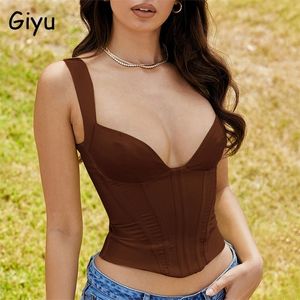 GIYU 섹시한 새틴 코르셋 탑스 여성 의류 여름 V 목 백리없는 자르기 탑 캐주얼 민소매 클럽 파티 Camisole Blusas 220407