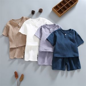 Summer Clothing Sets Organic Double Gauze Cotton Home Wear Kids Clothes Suit Summer Kids Pajama Short Sleeve Shorts Suit White 220425